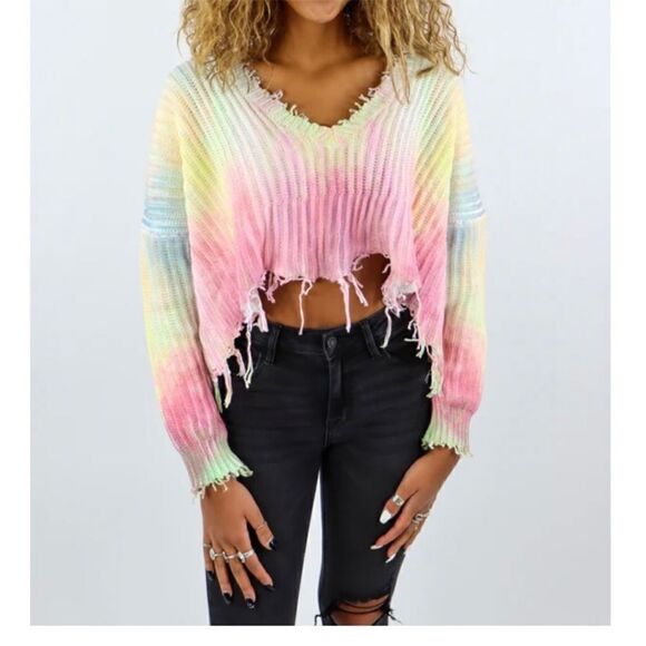 Skylar + Madison Tie Dye Distressed Crop Sweater Medium Reversible Fringe Grunge - Picture 4 of 16